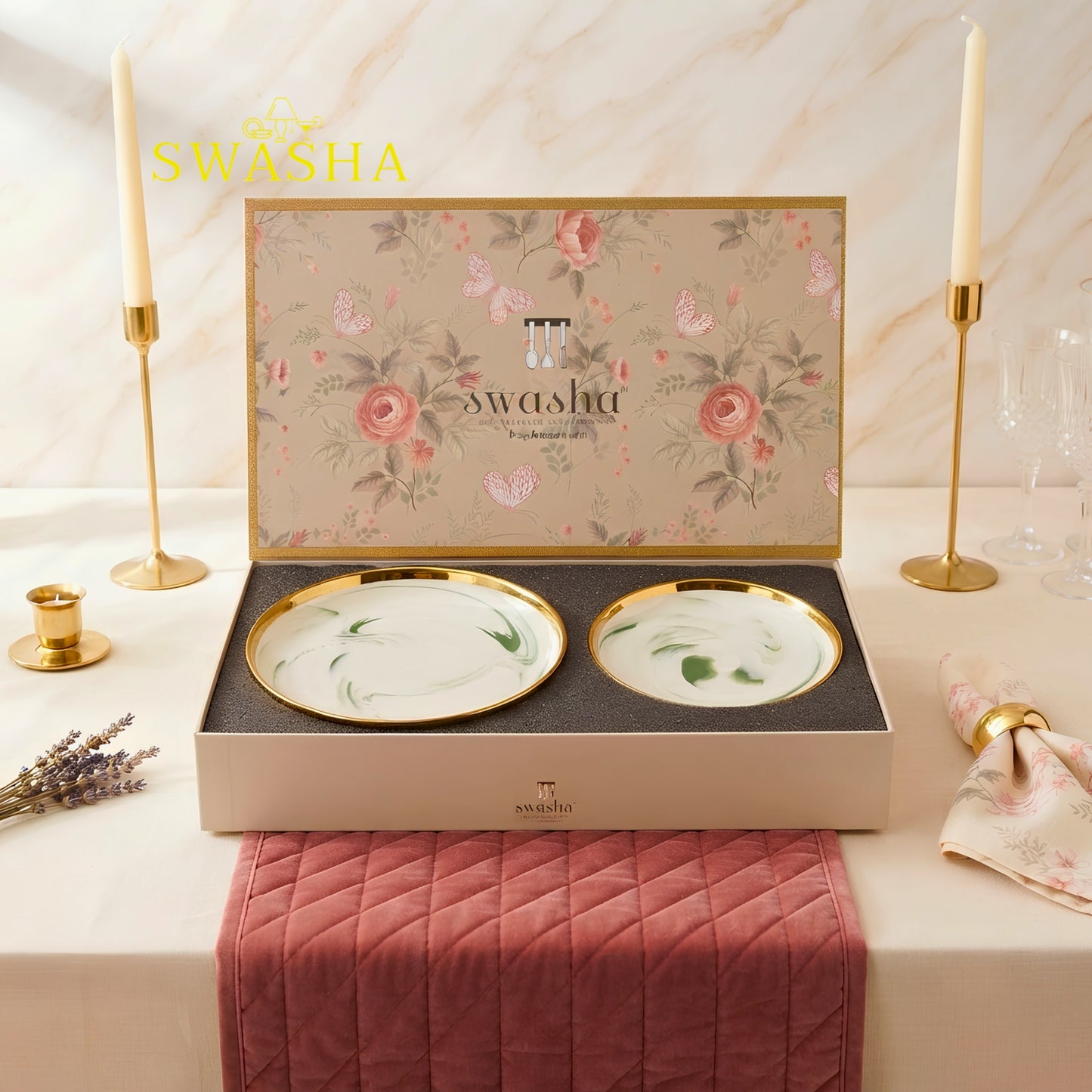 Swasha Royal Serving Set 7 Pcs | Side Plate Set of 6 + Full Plate | Premium Crockery for Festive Serving