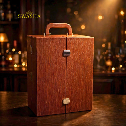 SWASHA Brown Portable Bar Box With Lock | 11 Pcs 6 Whiskey Glasses Bar Kit