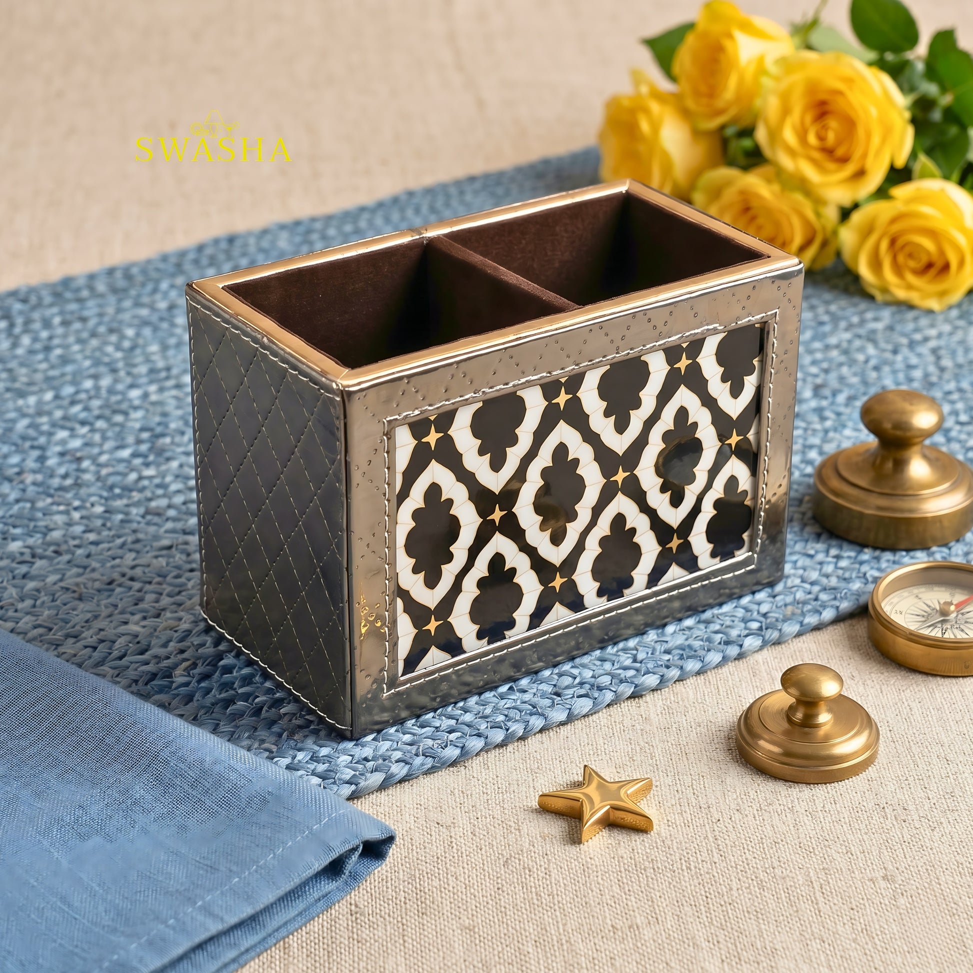 Swasha Glossy Leatherette Serving Tray Set of 4 with Cutlery Stand and Tissue Holder on Dining Table