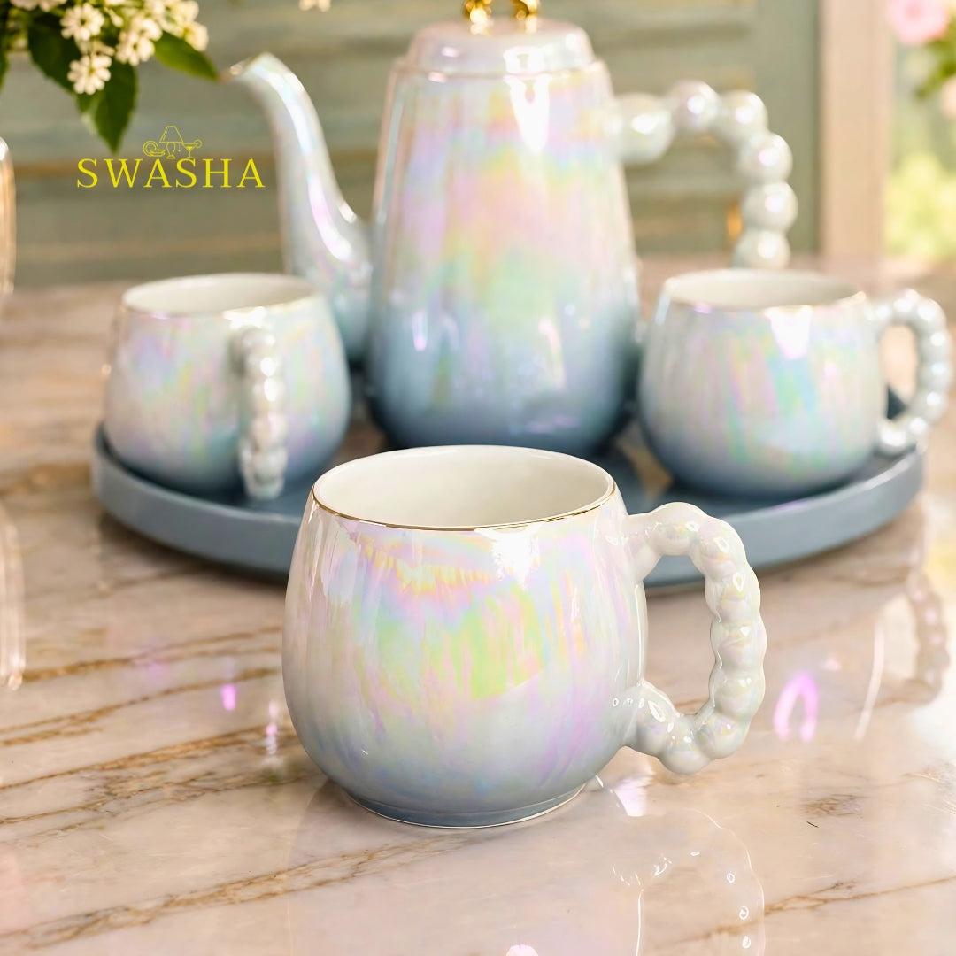 Swasha rainbow pearl iridescent 8 pcs revolving tea set premium porcelain holographic kettle 6 cups pearl handle revolving tray with gold bow gift box