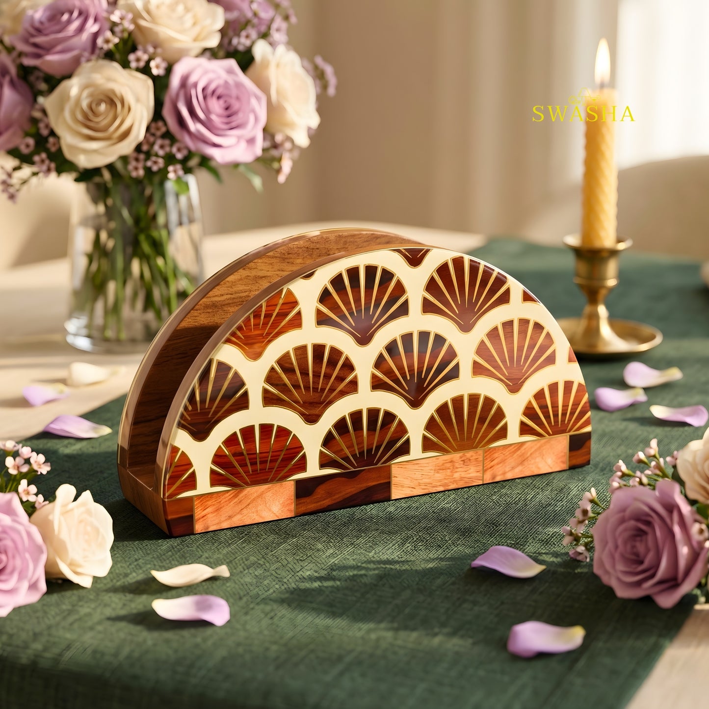 Swasha square resin finish MDF tissue holder on wooden dining table