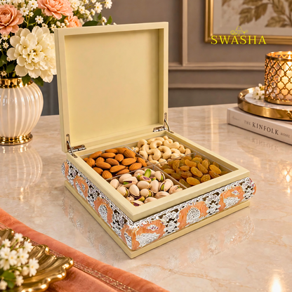 SWASHA Orange Peacock Dry Fruit Box - 4 Compartment | Multipurpose Box