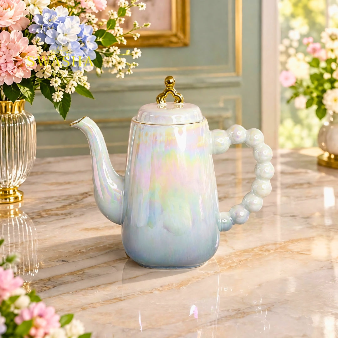 Swasha rainbow pearl iridescent 8 pcs revolving tea set premium porcelain holographic kettle 6 cups pearl handle revolving tray with gold bow gift box