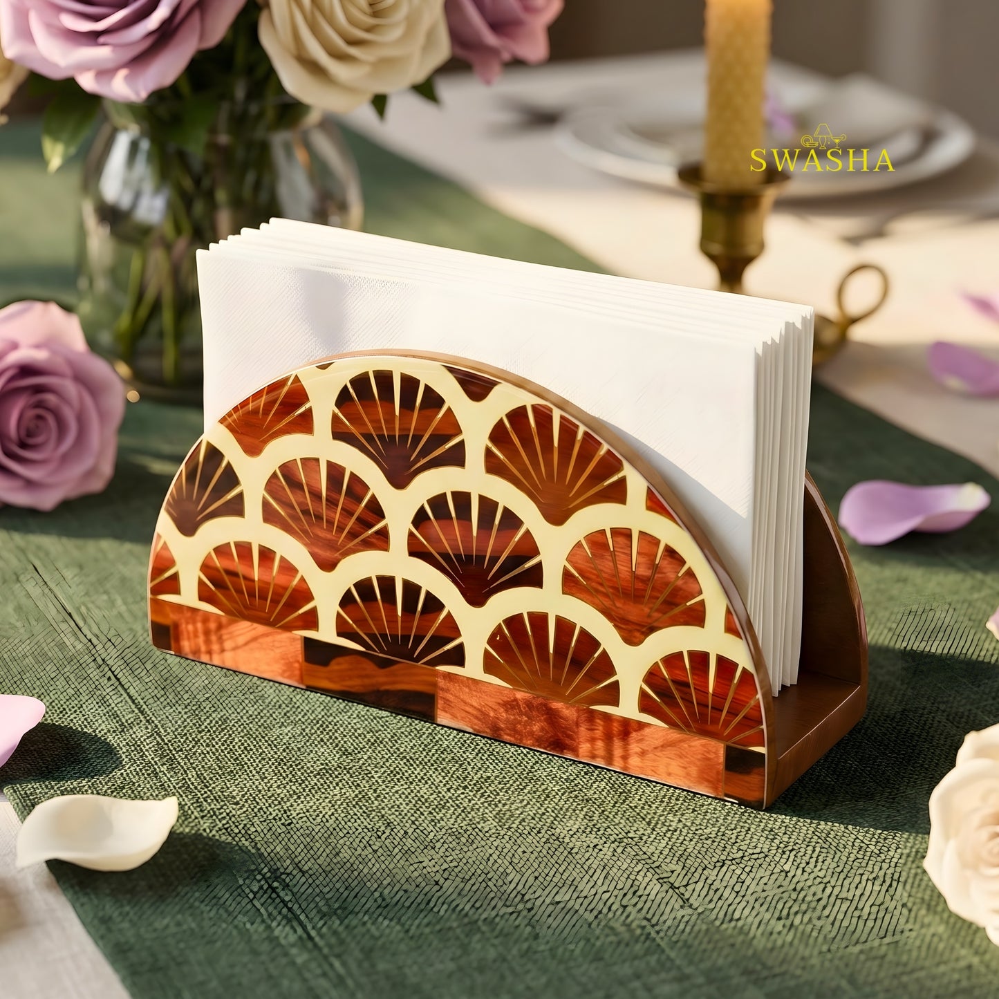 Swasha square resin finish MDF tissue holder on wooden dining table
