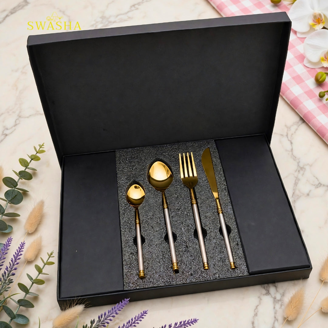 Swasha Two-Tone Gold Cutlery Set 24 Pcs | 6 Spoon Fork Knife Set | Gold Luxury Dinner Cutlery Set for Home & Gift