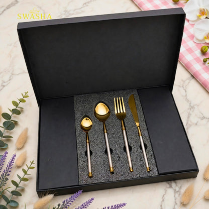 Swasha Two-Tone Gold Cutlery Set 24 Pcs | 6 Spoon Fork Knife Set | Gold Luxury Dinner Cutlery Set for Home & Gift