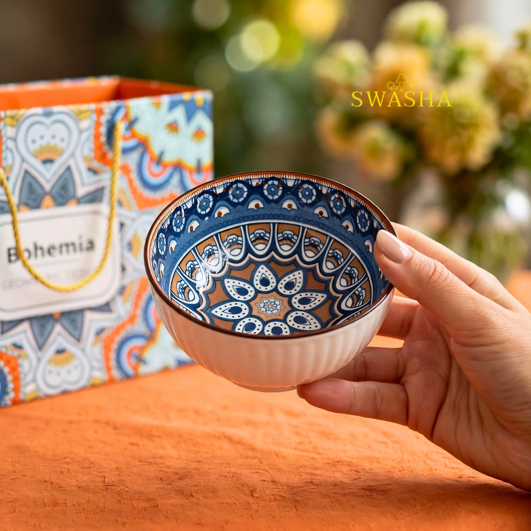 Swasha bohemia brown blue 12 pcs snack set 6 bowls 6 plates with gift bag mandala design