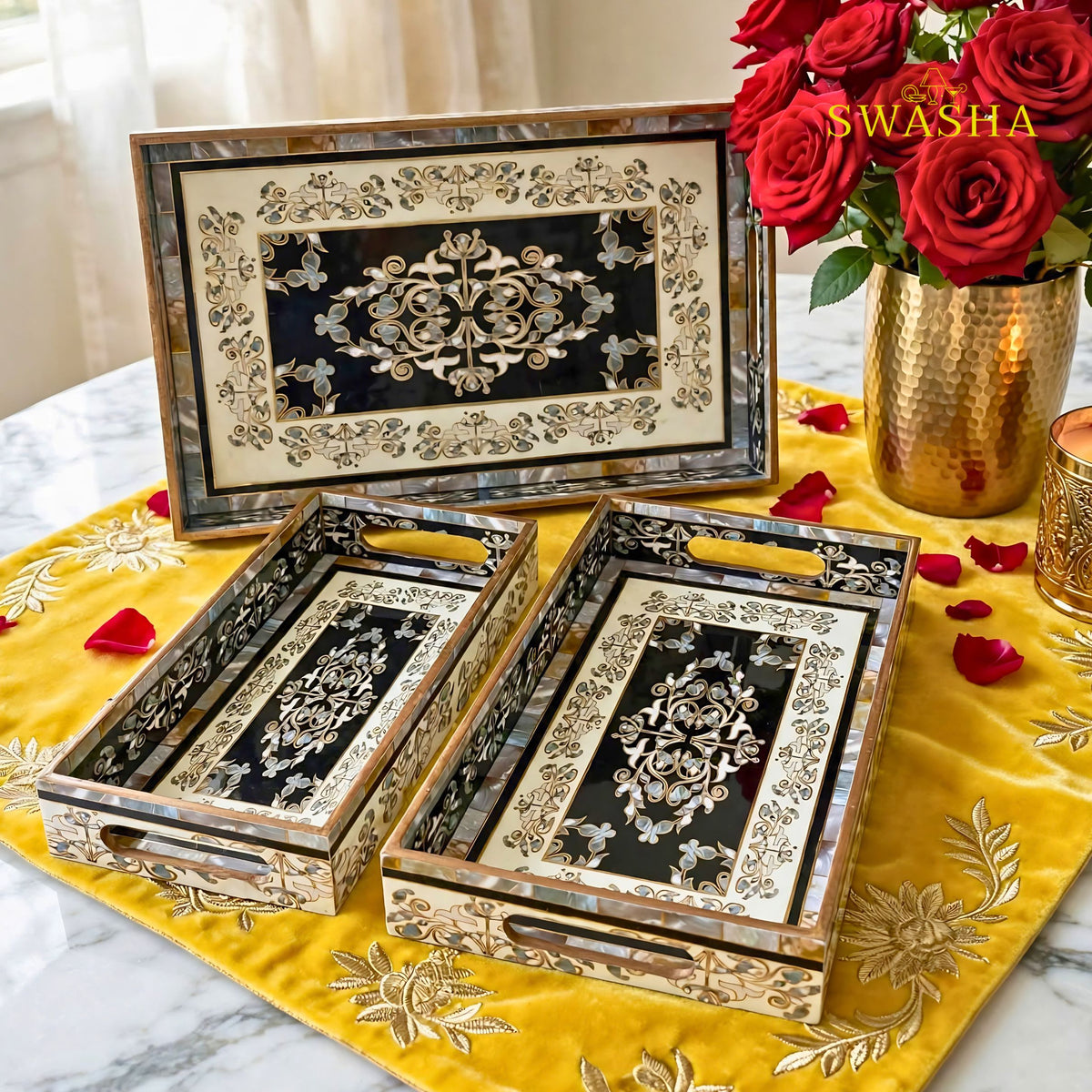 Swasha Royal Damask Set of 3 MDF Tray | Black White Victorian Decorative Serving Tray Set | MOP Finish