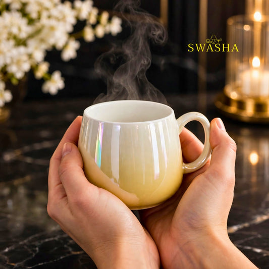 Swasha butter yellow ombre ceramic mug set of 6 in black luxury gift box on marble