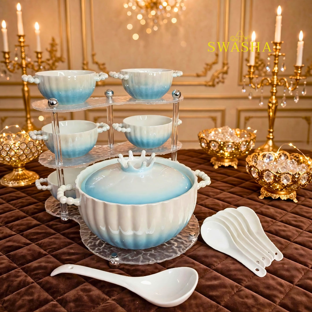 Swasha sky blue ombre 14 pcs soup set fine ceramic 1 crown pot with lid 6 bowls 6 spoons 1 ladle acrylic 3 tier stand pearl handles