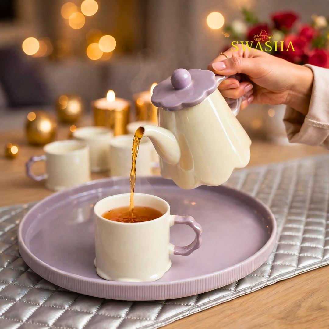 Swasha Lilac Lavender 8 Pcs Revolving Tea Set | Beige With Lilac Purple| Flower Scallop Lid