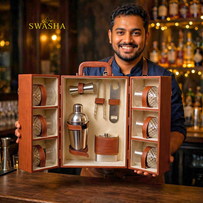 SWASHA Brown Portable Bar Box With Lock | 11 Pcs 6 Whiskey Glasses Bar Kit