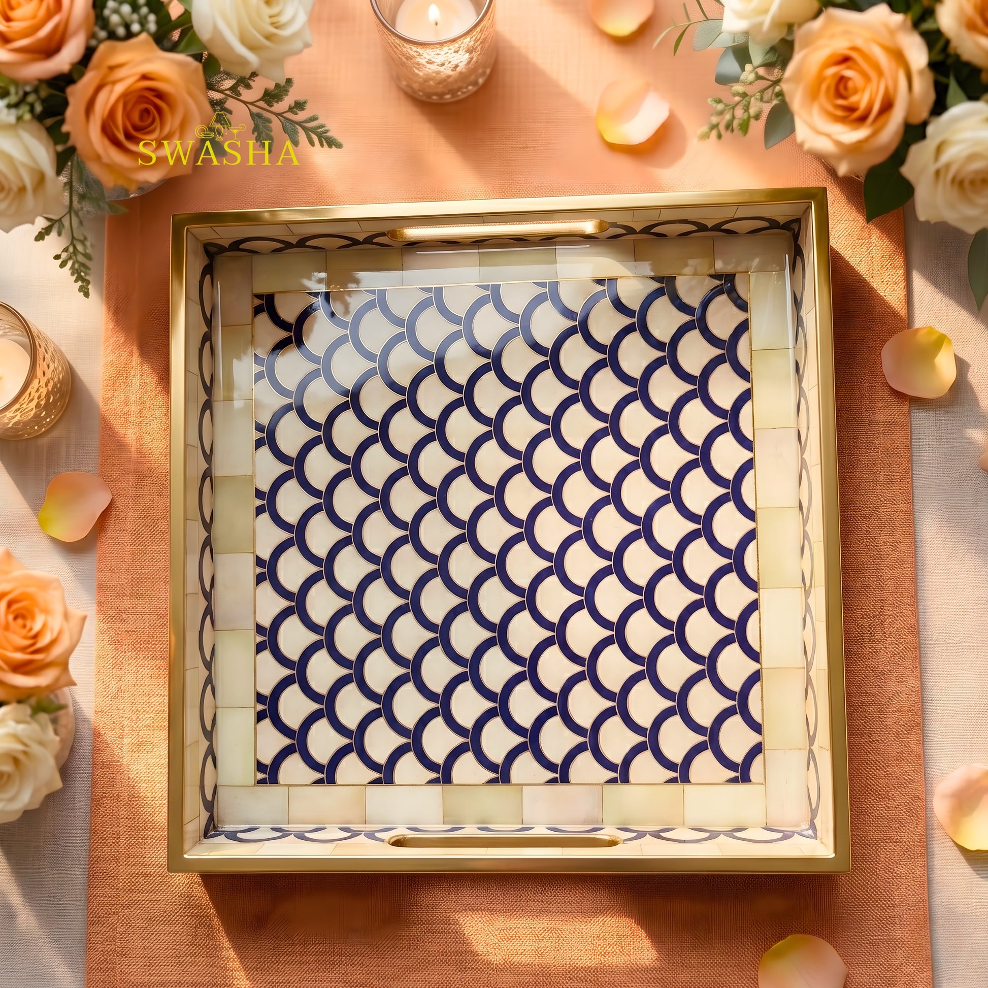 Swasha square resin finish MDF tray on coffee table with candles
