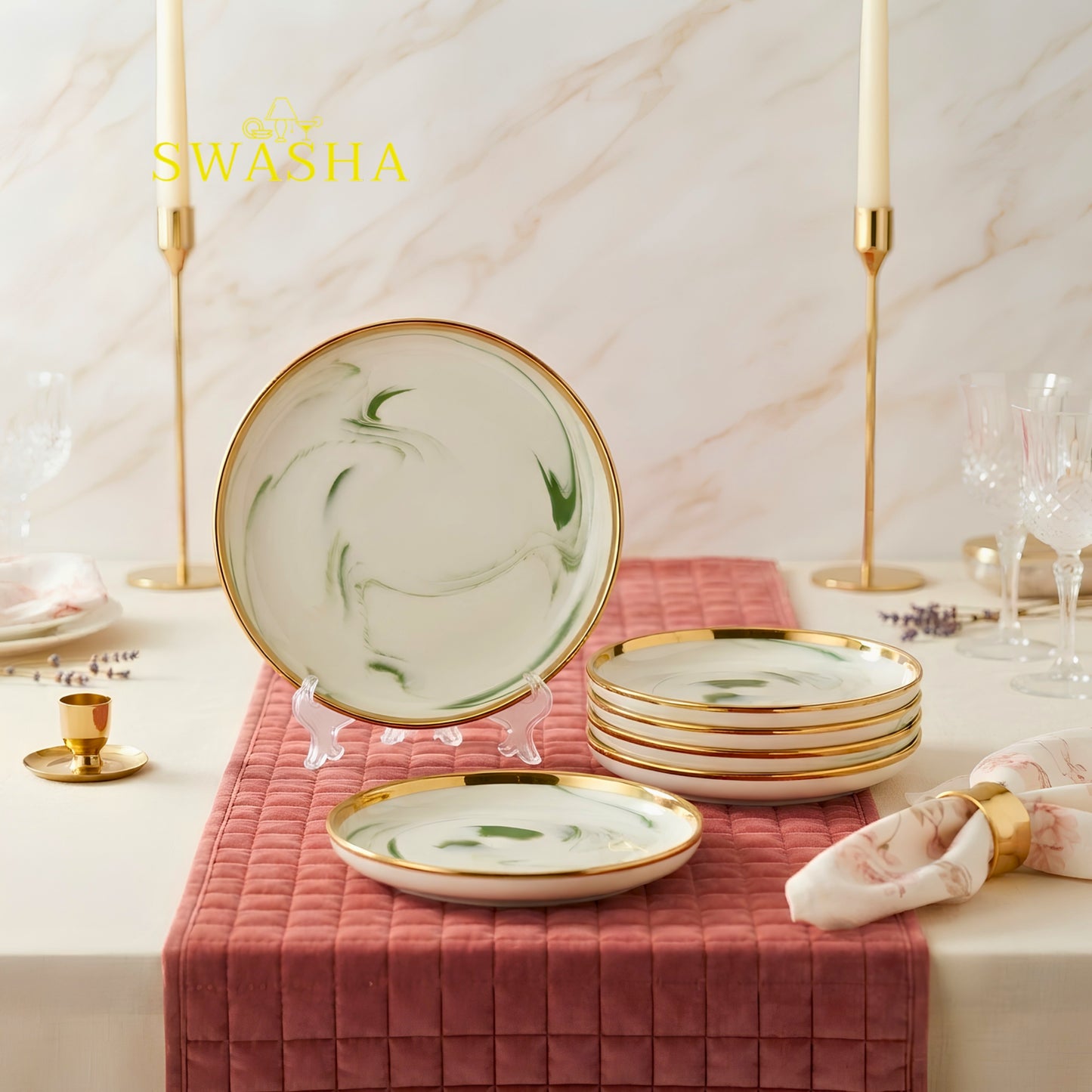 Swasha Royal Serving Set 7 Pcs | Side Plate Set of 6 + Full Plate | Premium Crockery for Festive Serving