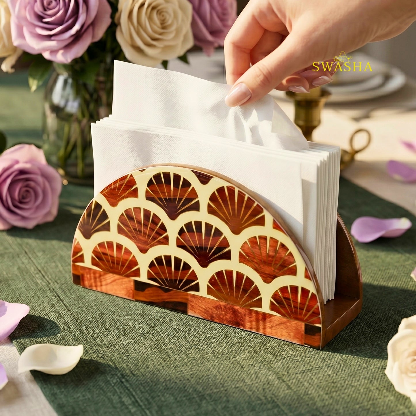 Swasha square resin finish MDF tissue holder on wooden dining table