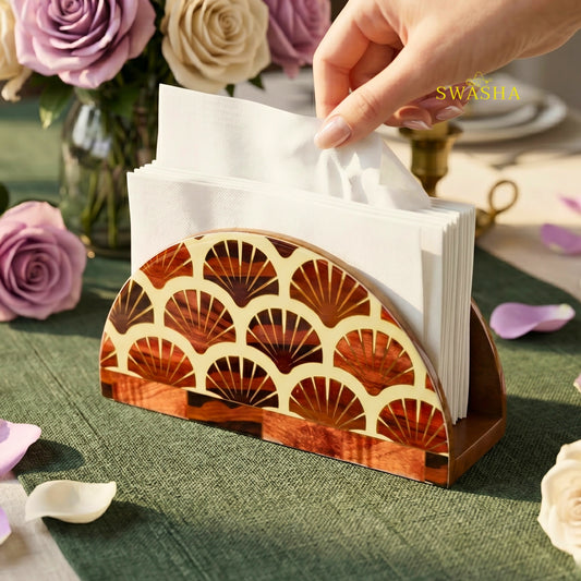 Swasha square resin finish MDF tissue holder on wooden dining table