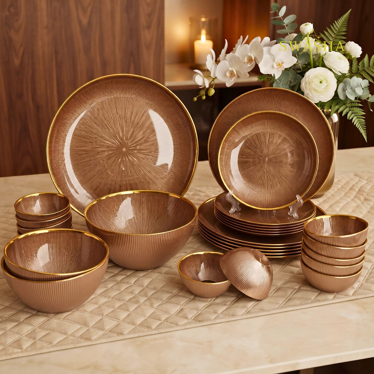 Swasha 28 Pcs Turkish Glass Dinner Set For 6 | Bronze Brown With Gold Rim