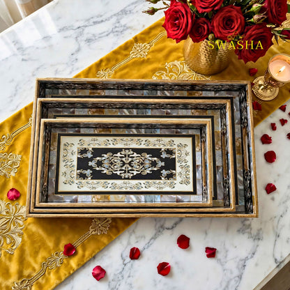 Swasha Royal Damask Set of 3 MDF Tray | Black White Victorian Decorative Serving Tray Set | MOP Finish
