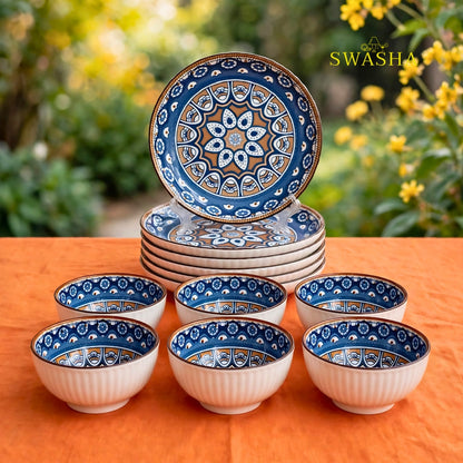 Swasha bohemia brown blue 12 pcs snack set 6 bowls 6 plates with gift bag mandala design