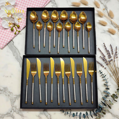 Swasha Two-Tone Gold Cutlery Set 24 Pcs | 6 Spoon Fork Knife Set | Gold Luxury Dinner Cutlery Set for Home & Gift