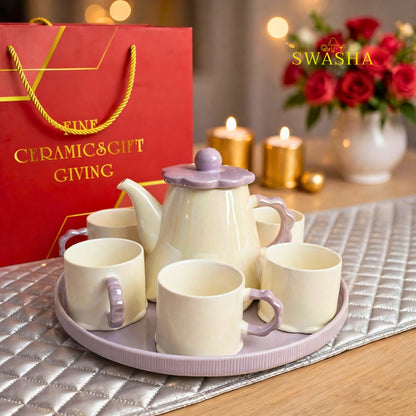 Swasha Lilac Lavender 8 Pcs Revolving Tea Set | Beige With Lilac Purple| Flower Scallop Lid