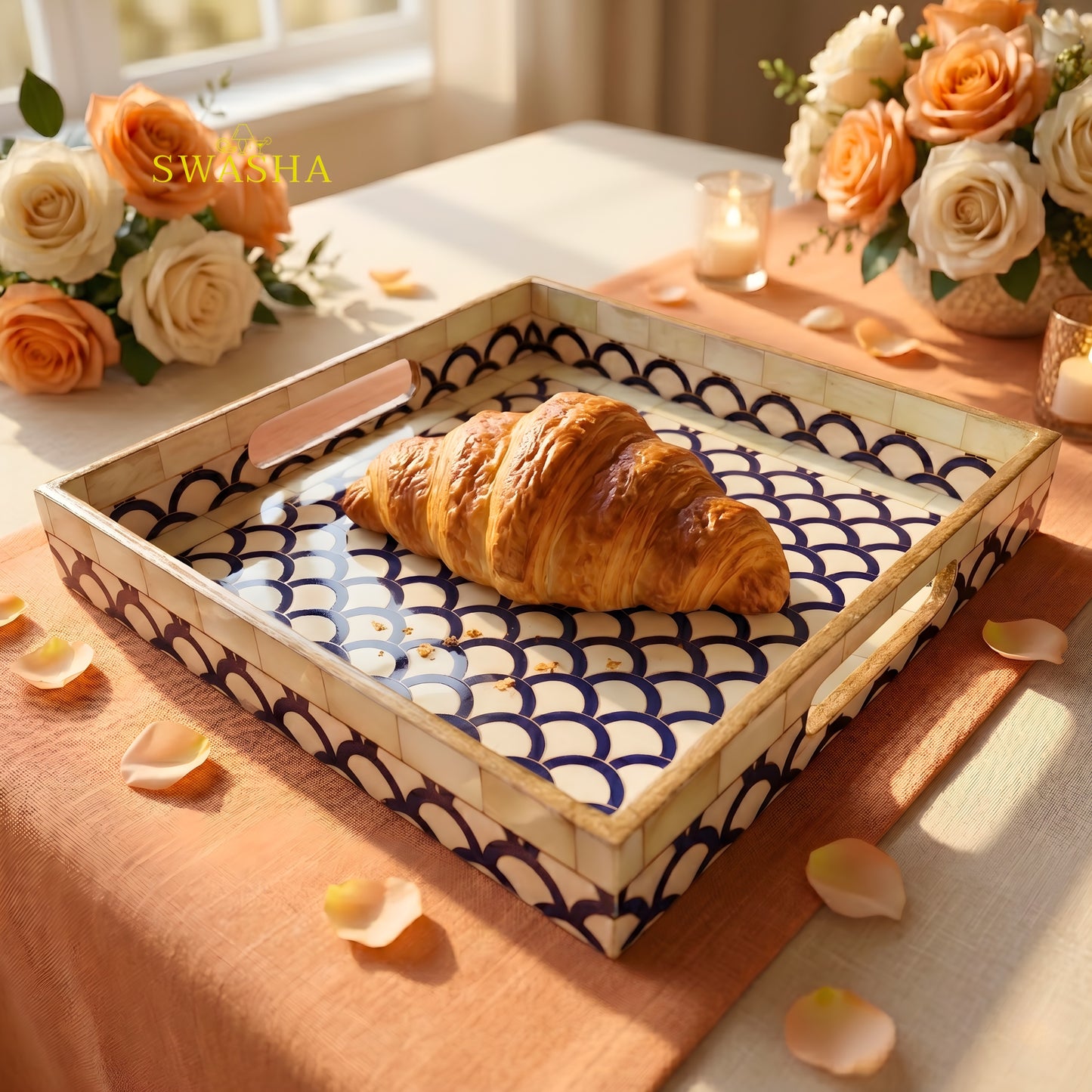 Swasha square resin finish MDF tray on coffee table with candles