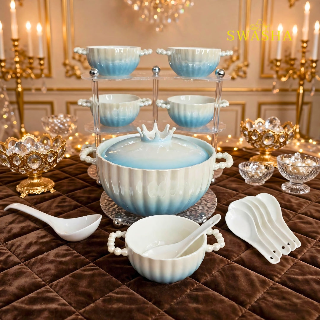 Blue Ombre Soup Set 14 Pcs | Crown Pot | Swasha