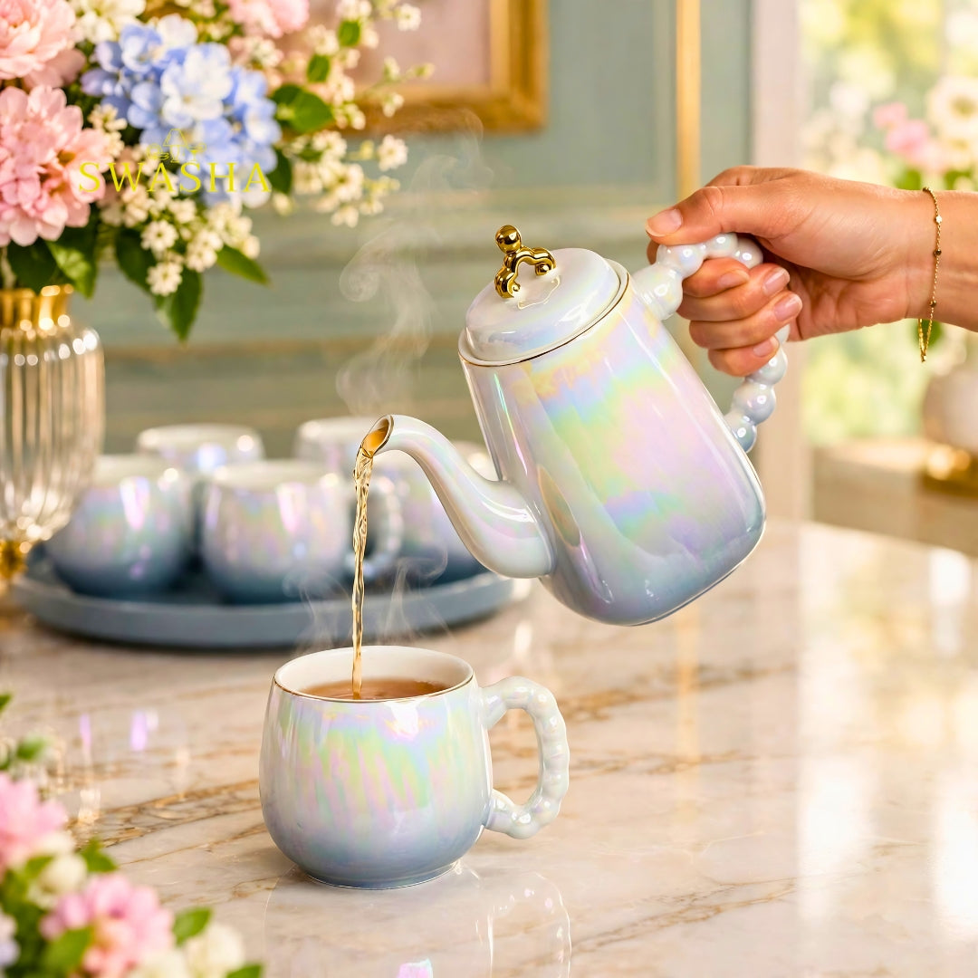 Swasha rainbow pearl iridescent 8 pcs revolving tea set premium porcelain holographic kettle 6 cups pearl handle revolving tray with gold bow gift box