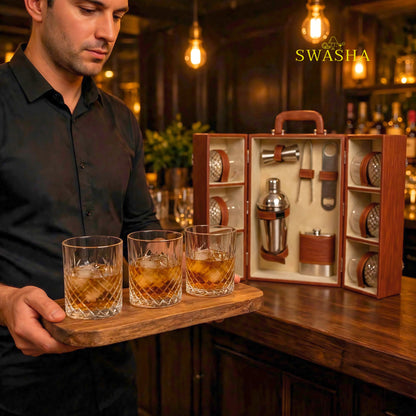 SWASHA Brown Portable Bar Box With Lock | 11 Pcs 6 Whiskey Glasses Bar Kit