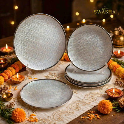 Swasha 7 pcs Turkish glass snack set with 1 full plate and 6 side plates in gift box silver rim