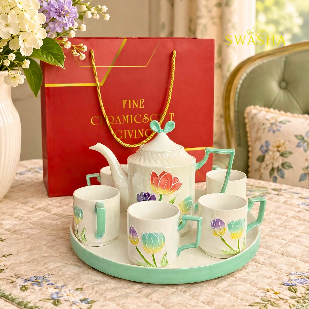 Swasha tulip garden mint 8 pcs revolving tea set 3d floral embossed kettle 6 cups mint handle revolving tray with red gift box