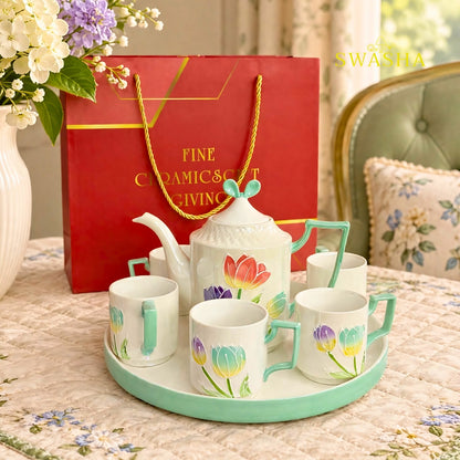 Swasha tulip garden mint 8 pcs revolving tea set 3d floral embossed kettle 6 cups mint handle revolving tray with red gift box