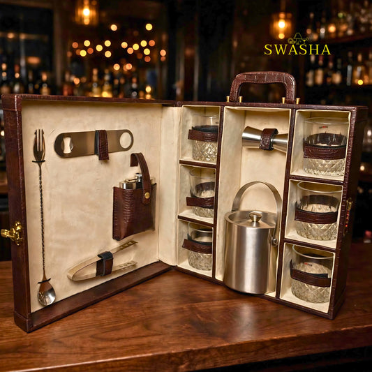 SWASHA 6 Glass Brown Bar Box With Ice Bucket | Set of 12