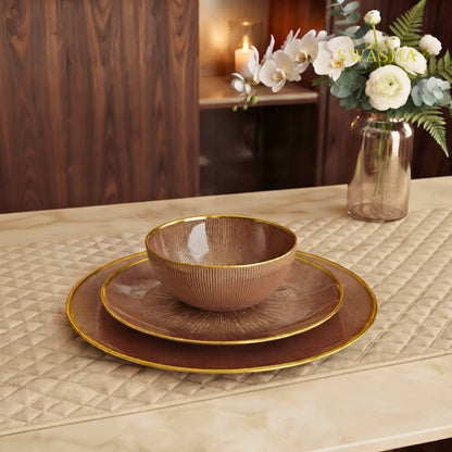 Swasha 28 Pcs Turkish Glass Dinner Set For 6 | Bronze Brown With Gold Rim