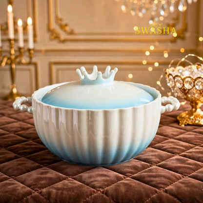 Swasha sky blue ombre 14 pcs soup set fine ceramic 1 crown pot with lid 6 bowls 6 spoons 1 ladle acrylic 3 tier stand pearl handles