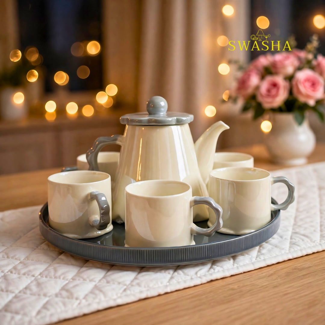 Swasha Cloud Grey 8 Pcs Revolving Tea Set | Beige With Grey Scallop Flower Lid