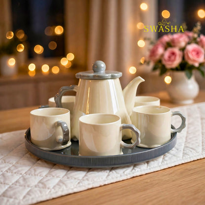 Swasha Cloud Grey 8 Pcs Revolving Tea Set | Beige With Grey Scallop Flower Lid