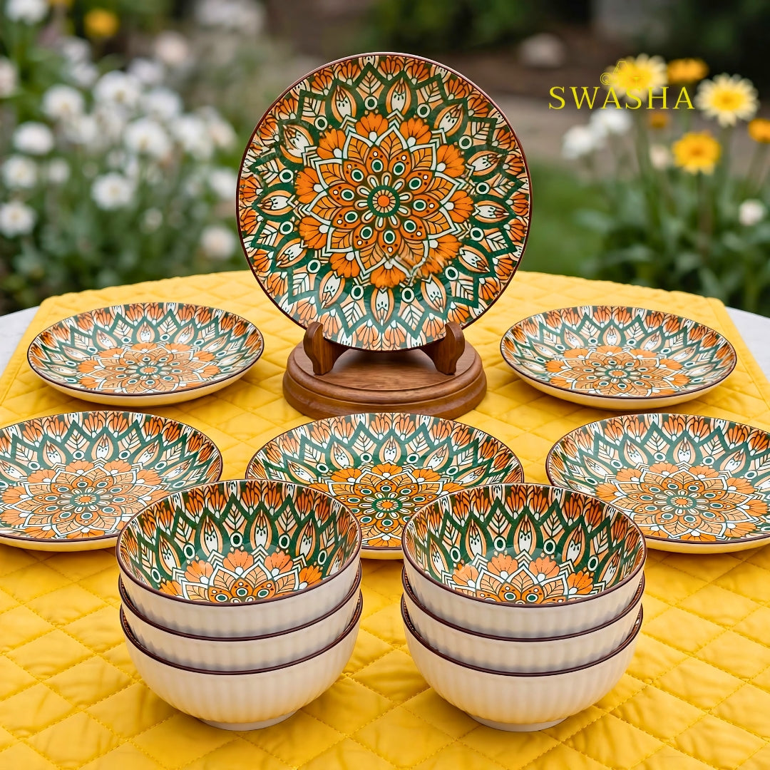Swasha bohemia green orange 12 pcs snack set 6 bowls 6 plates green orange mandala earthenware
