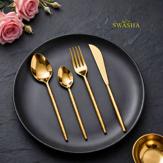 Swasha Luxury Cutlery Set 24 Pieces - Swasha Gold Hammered Spoon Fork Knife Set