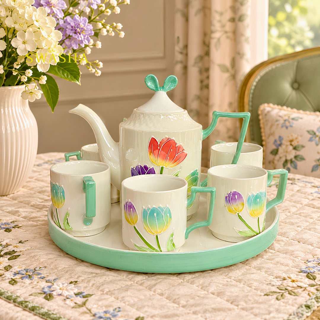 Swasha tulip garden mint 8 pcs revolving tea set 3d floral embossed kettle 6 cups mint handle revolving tray with red gift box