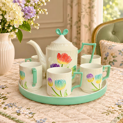 Swasha tulip garden mint 8 pcs revolving tea set 3d floral embossed kettle 6 cups mint handle revolving tray with red gift box