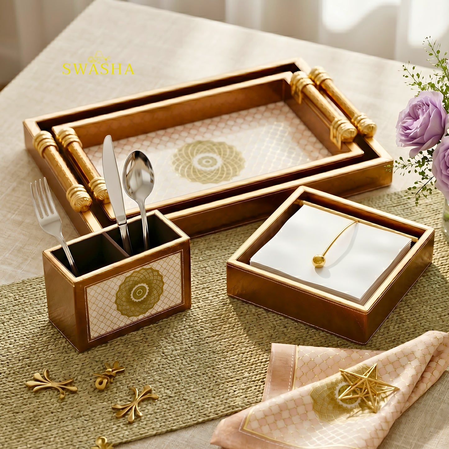 Swasha Glossy Leatherette Serving Tray Set of 4 with Cutlery Stand and Tissue Holder on Dining Table