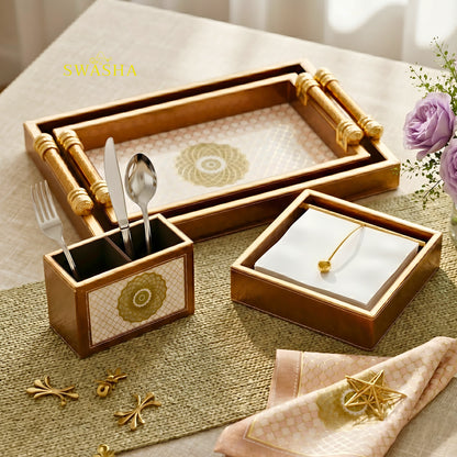 Swasha Glossy Leatherette Serving Tray Set of 4 with Cutlery Stand and Tissue Holder on Dining Table