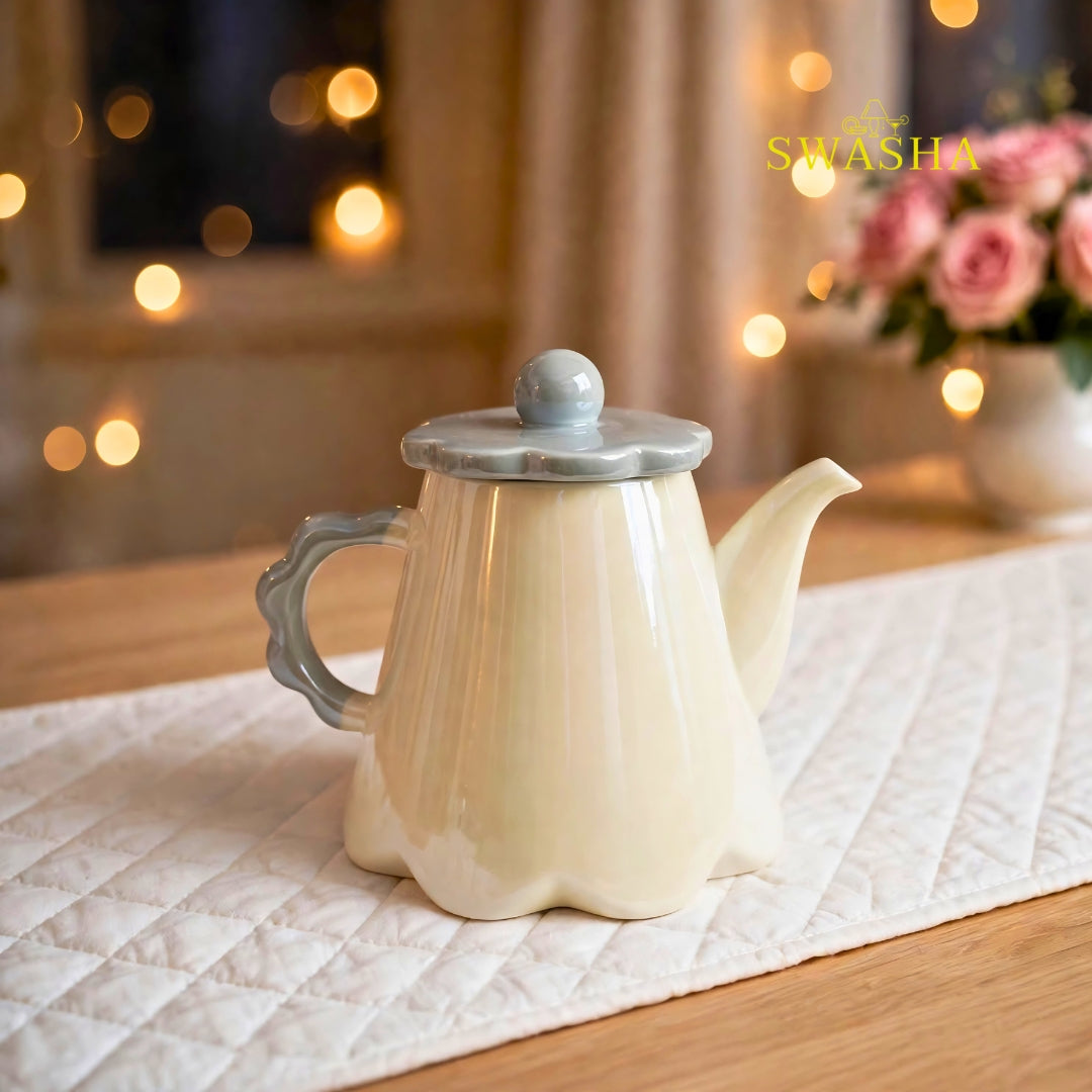 Swasha Cloud Grey 8 Pcs Revolving Tea Set | Beige With Grey Scallop Flower Lid