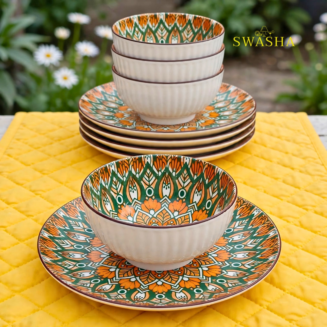 Swasha bohemia green orange 12 pcs snack set 6 bowls 6 plates green orange mandala earthenware