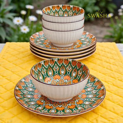 Swasha bohemia green orange 12 pcs snack set 6 bowls 6 plates green orange mandala earthenware