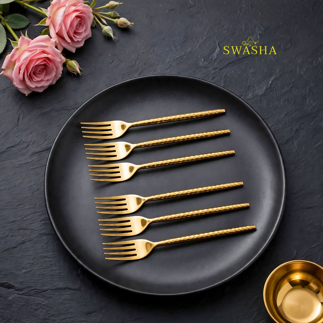 Swasha Luxury Cutlery Set 24 Pieces - Swasha Gold Hammered Spoon Fork Knife Set