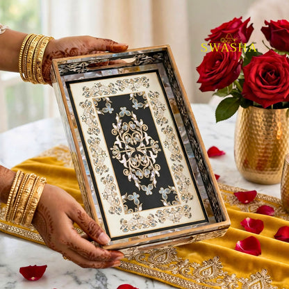 Swasha Royal Damask Set of 3 MDF Tray | Black White Victorian Decorative Serving Tray Set | MOP Finish
