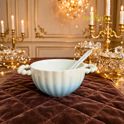 Swasha sky blue ombre 14 pcs soup set fine ceramic 1 crown pot with lid 6 bowls 6 spoons 1 ladle acrylic 3 tier stand pearl handles