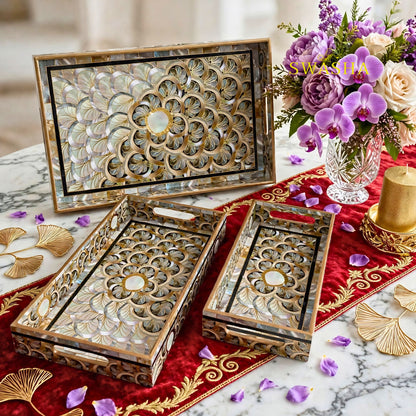 Swasha Peacock Scallop Set of 3 MDF Tray | Gold Mother Of Pearl MOP Decorative Serving Tray Set